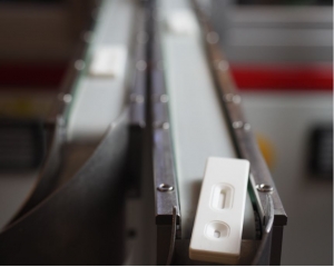 Special Purpose Machinery Lateral Flow Test Assembly System. with Finished Cassette coming off the conveyor