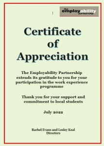Huxley Bertram's Certificate of Appreciation from The Employability Partnership, awarded in July 2022, for supporting local students in their work placements