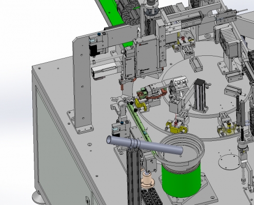 Solidworks image for an automated spot welding machine, showing bowl feeder and indexing table