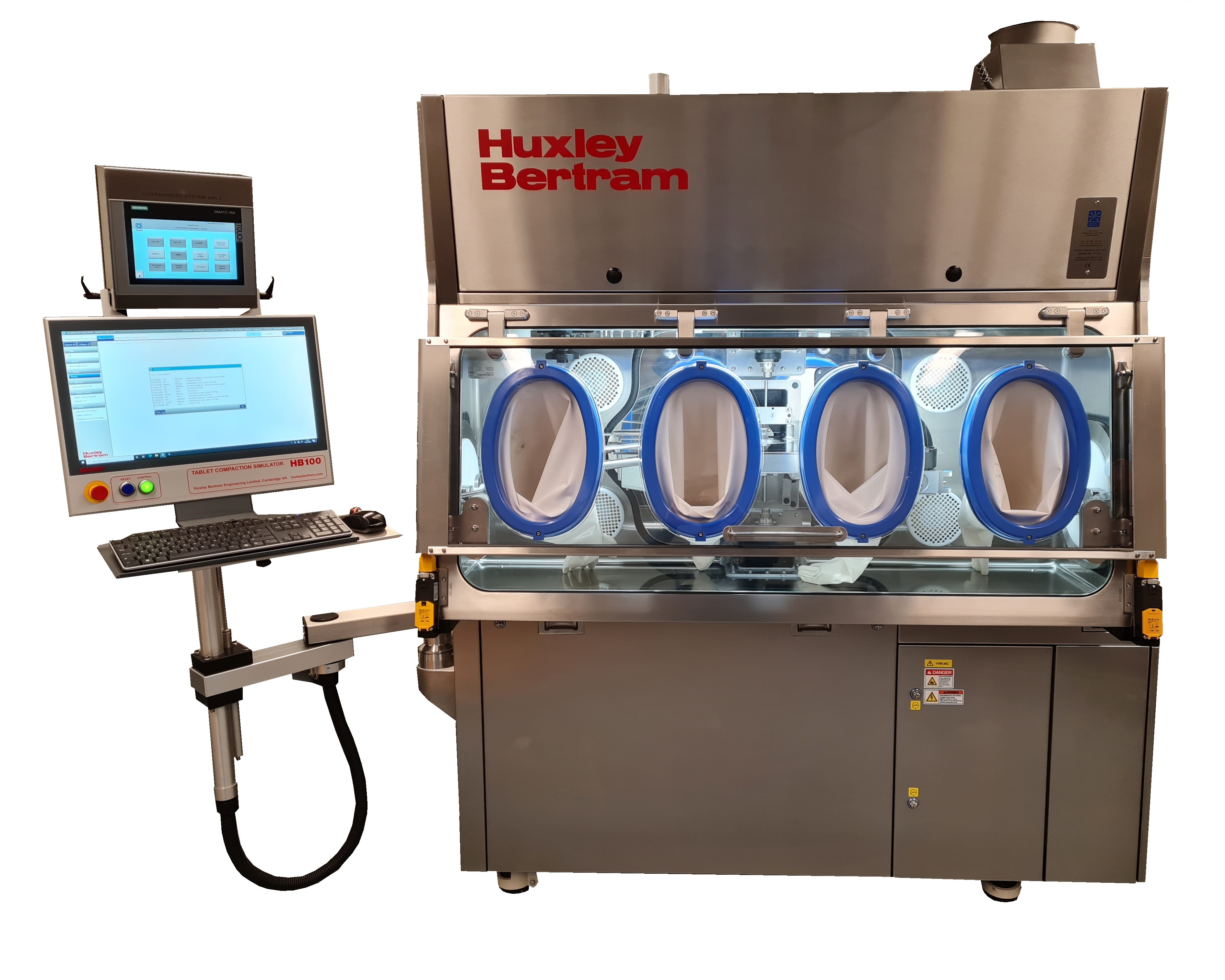 Compaction Simulation Machine Under Containment for research into the use of Active Pharmaceutical Ingredients and Hazardous Active Pharmaceutical Ingredients