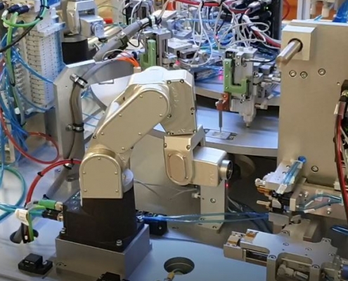 Meca 500 6 Axis Industrial Robots integrated into a special purpose machine for product handling, robotics In manufacturing